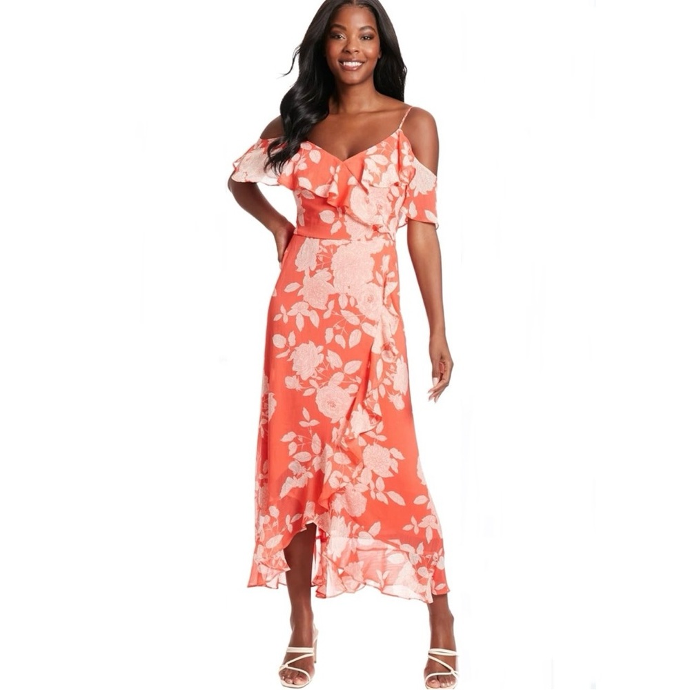 Floral Cold-Shoulder Chiffon Maxi Dress in Coral